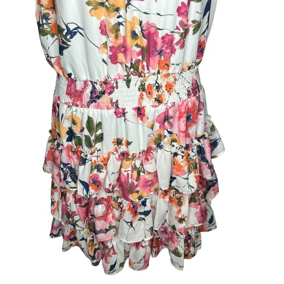 Sam And Jess NWT Tiered Mini Dress Size L White Pink Peach Smocked Sleeveless - Picture 3 of 8